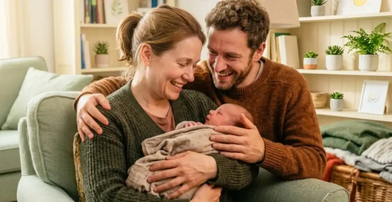 Genitori over 40 che tengono in braccio un neonato genitorialita consapevole