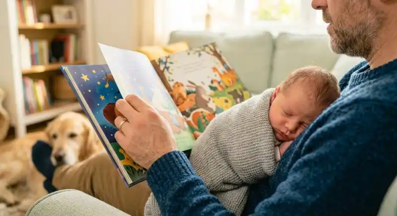 Genitore che legge un albo illustrato al bambino educazione perinatale