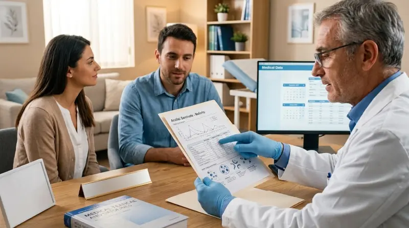 Medico andrologo che illustra la tabella dei valori normali dello spermiogramma al paziente