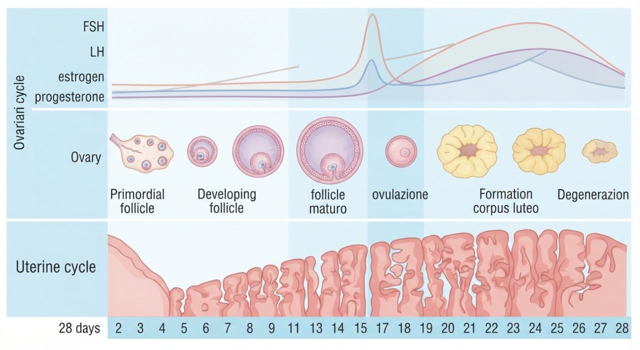 Schema illustrativo del ciclo ovarico e uterino con le fasi di sviluppo dei follicoli e dell'ovulazione