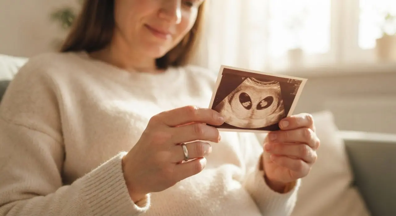 Donna che guarda con emozione un'ecografia ostetrica dopo un percorso di fertilità riuscito