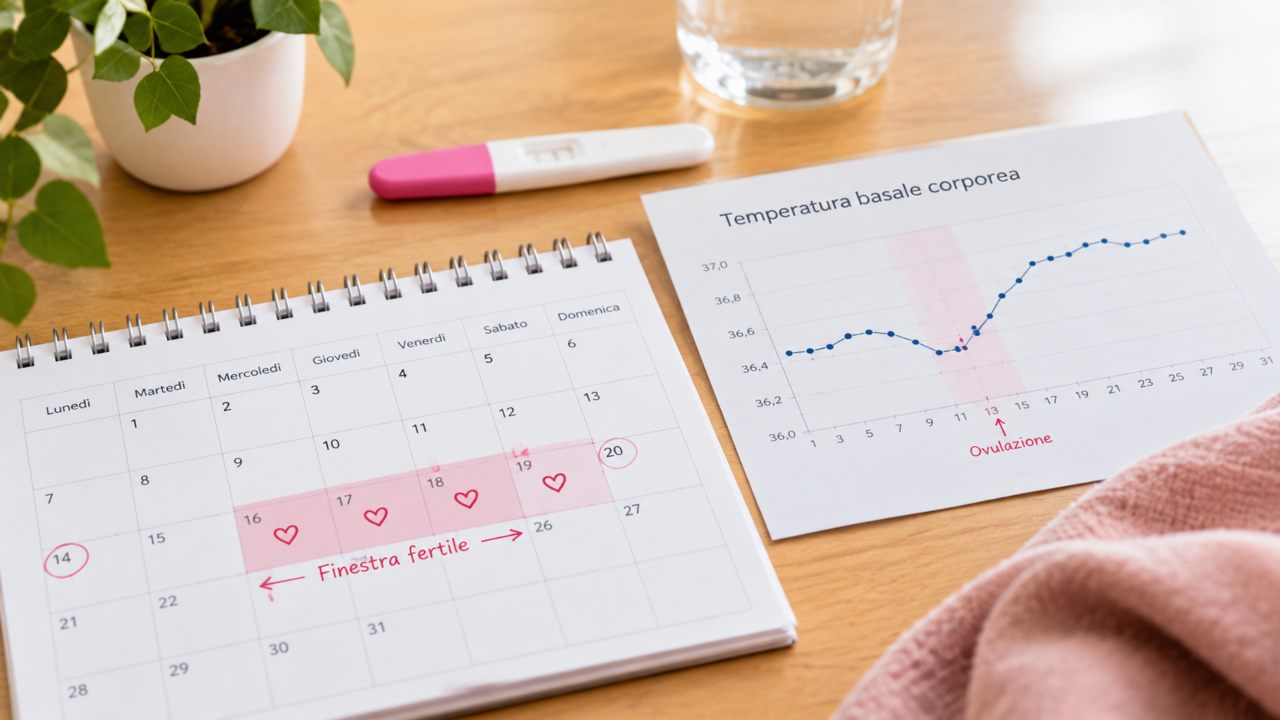 Calendario con evidenziata la finestra fertile, grafico della temperatura basale e test di gravidanza per monitorare l'ovulazione.