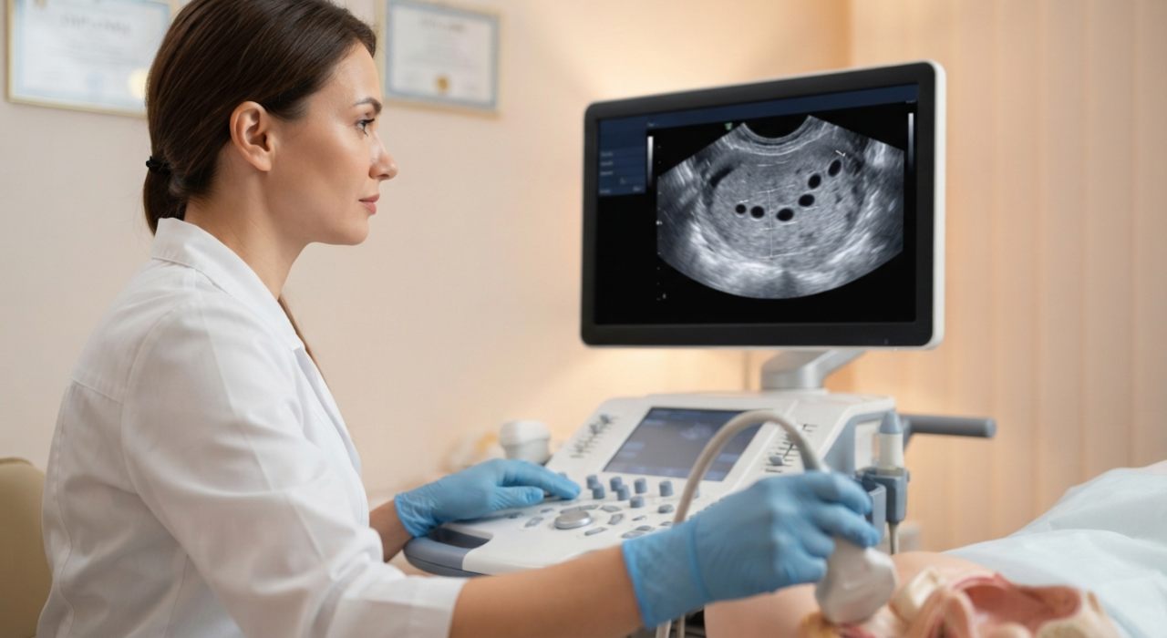 Medico ginecologo esegue un monitoraggio ecografico transvaginale per valutare la crescita dei follicoli ovarici