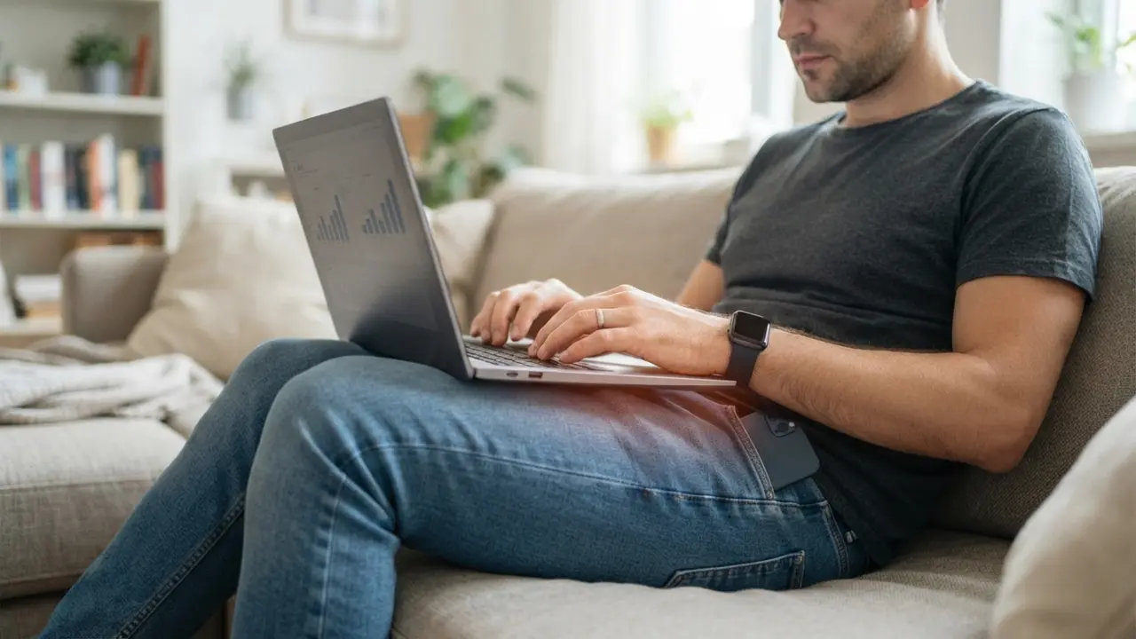 Uomo seduto sul divano con laptop sulle ginocchia e smartphone nella tasca dei jeans, a rischio surriscaldamento