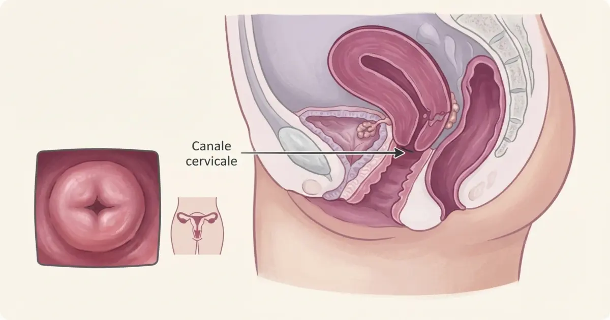 Illustrazione medico-scientifica in stile cartoon realistico del collo dell'utero e del canale cervicale umano