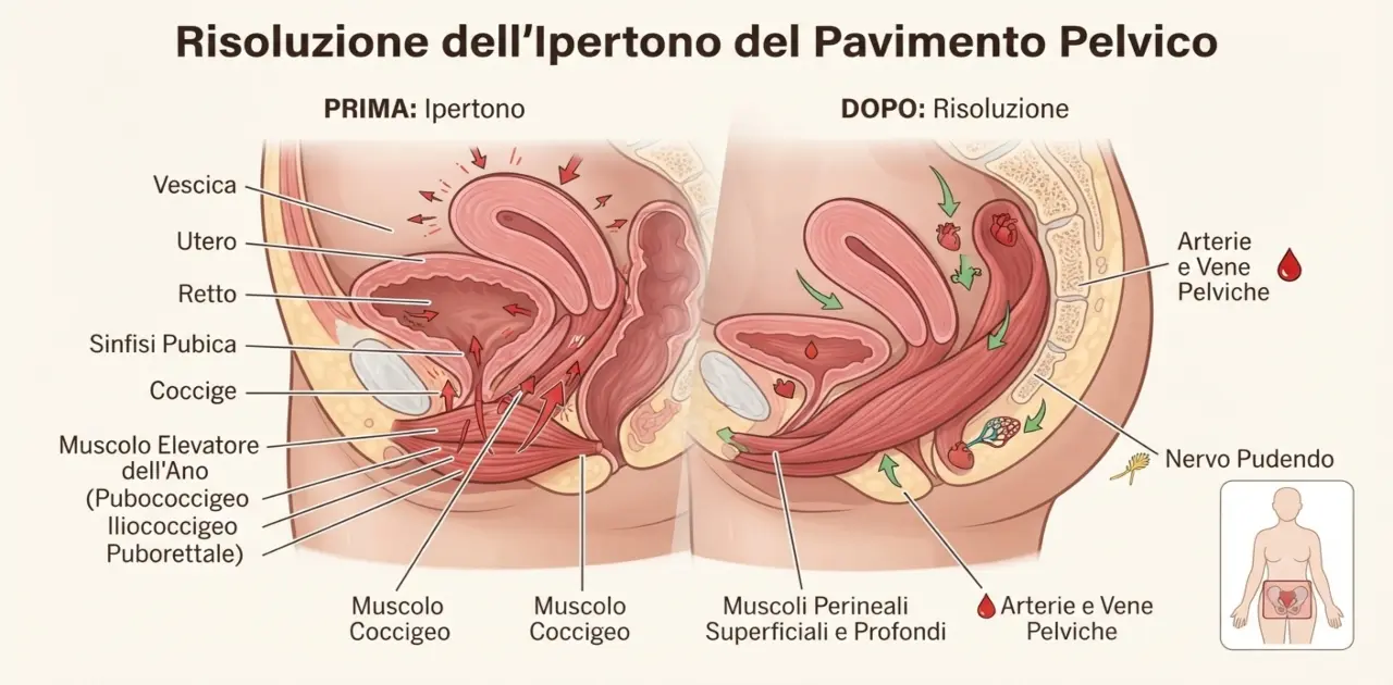 Illustrazione medico-scientifica in stile cartoon realistico della pelvi e dei muscoli del pavimento pelvico