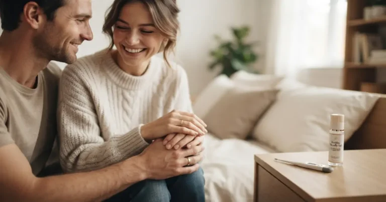Una coppia sorridente si tiene per mano in un ambiente domestico; sul comodino in primo piano sono visibili un termometro digitale e un flacone di gel lubrificante specifico per la fertilità.