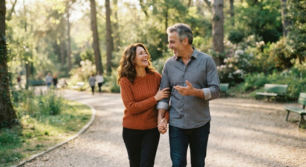 Coppia adulta serena e sorridente all'aperto, immagine di copertina per articolo sulla gravidanza over 40.