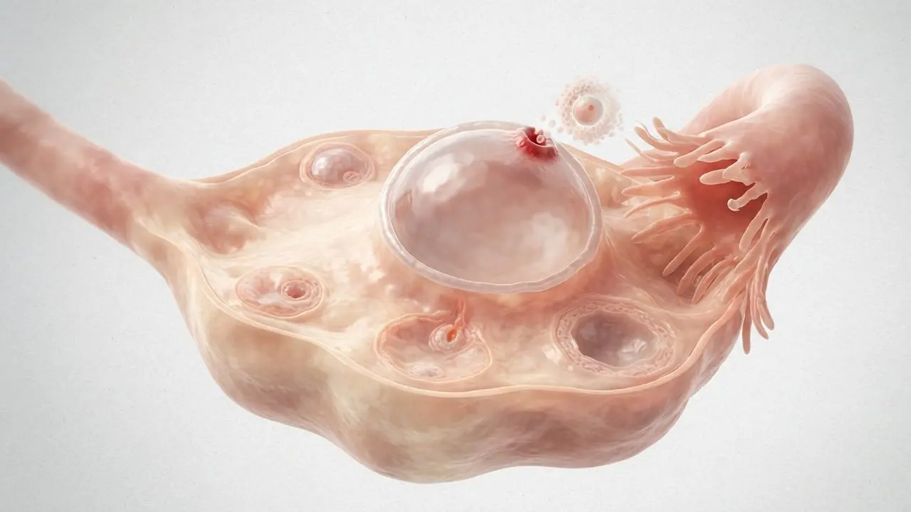 Illustrazione medica dettagliata del processo di ovulazione con rottura del follicolo e rilascio dell'ovocita