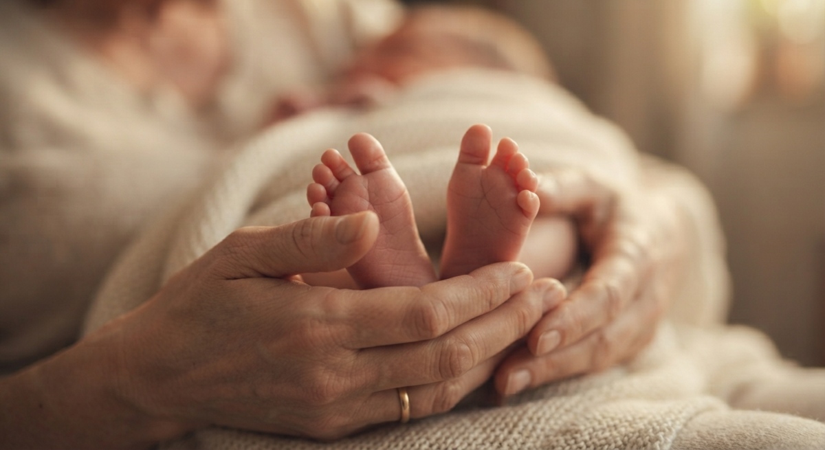 Le mani di una madre in età avanzata che tengono delicatamente i piedini di un neonato avvolto in una coperta.