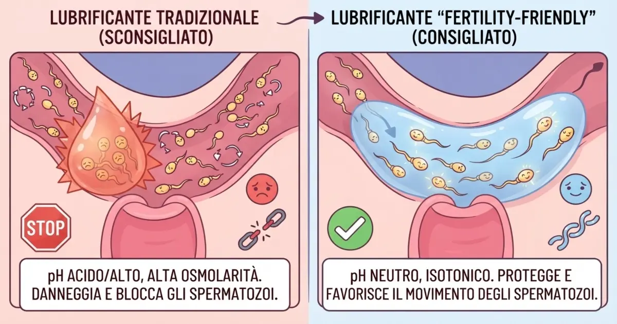 Illustrazione medico-scientifica comparativa che mostra l'effetto di un lubrificante tradizionale acido, che blocca gli spermatozoi nel collo dell'utero, rispetto a un gel fertility-friendly isotonico che ne favorisce il movimento.
