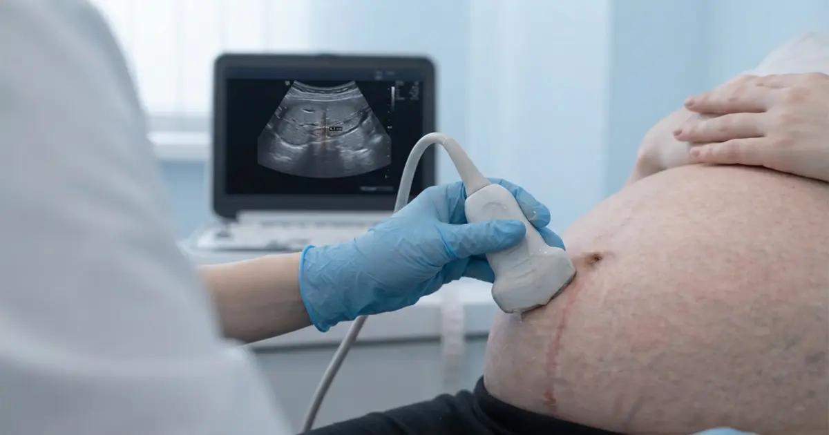 Primo piano di una mano con guanto blu che tiene una sonda ecografica sulla pancia di una donna incinta, con un monitor sullo sfondo che mostra l'immagine medica interna.