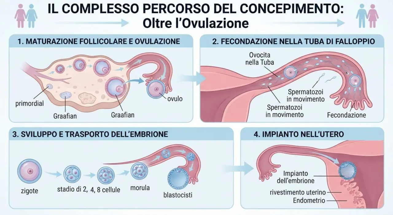 Dettaglio anatomico del percorso di fecondazione nella tuba di Falloppio, divisione cellulare e impianto dell'embrione nell'utero