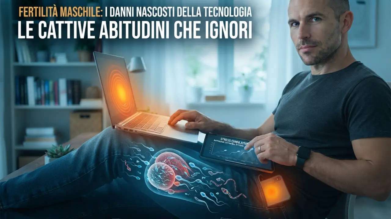 Illustrazione dell'impatto di laptop e smartphone sulla fertilità maschile con visualizzazione interna degli spermatozoi