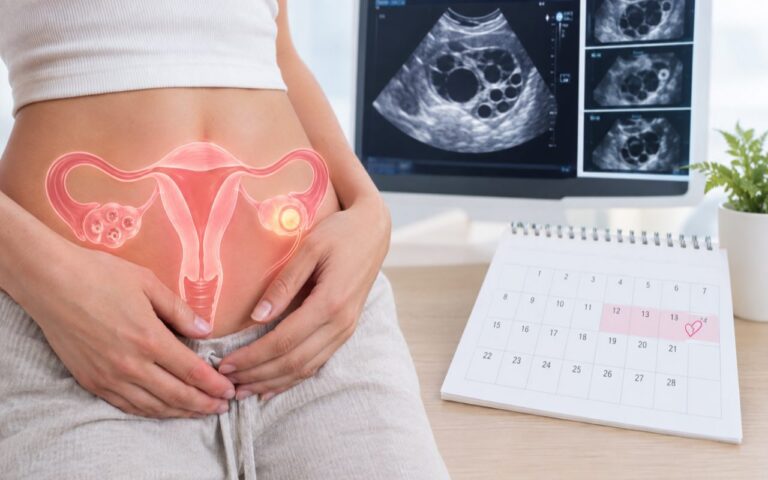 Illustrazione medica dei follicoli ovarici e del monitoraggio follicolare durante l’ovulazione