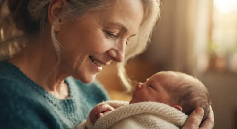 Primo piano di una madre matura (over 50) che culla con tenerezza un neonato, simbolo di gravidanza naturale in età avanzata.