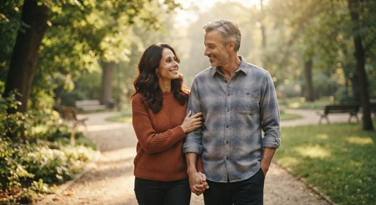 Coppia adulta serena e sorridente all'aperto, immagine di copertina per articolo sulla gravidanza over 40.