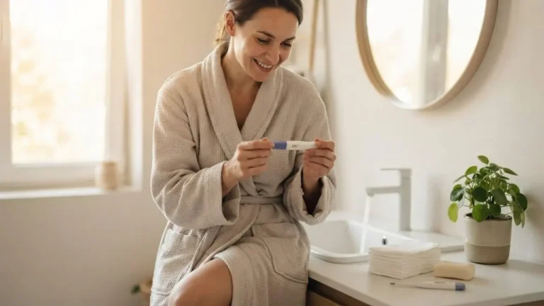 Donna in accappatoio nel bagno di casa che sorride guardando un test di ovulazione vicino al lavandino.