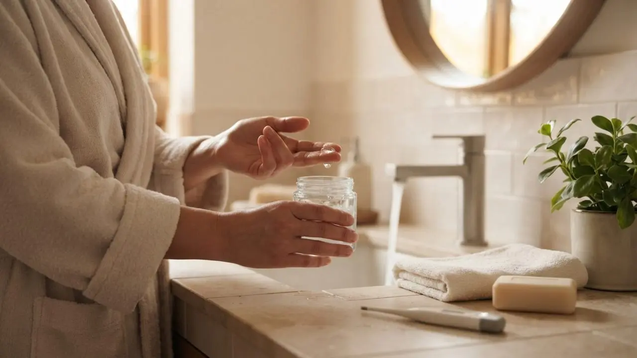 Donna in accappatoio nel bagno di casa che dosa un gel lubrificante specifico per la ricerca della gravidanza.