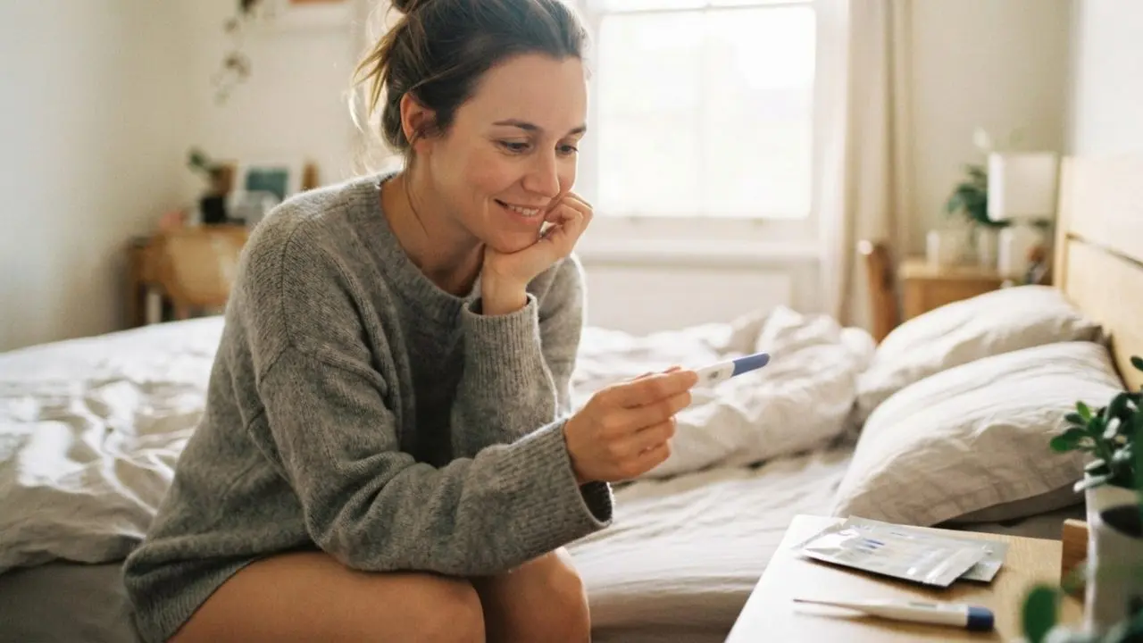 Donna sorridente seduta sul letto in camera da letto mentre osserva un test di ovulazione.