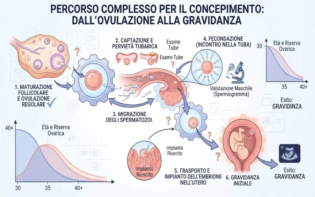 Infografica medica che illustra il complesso percorso dal follicolo e dall'ovulazione fino all'impianto dell'embrione e alla gravidanza