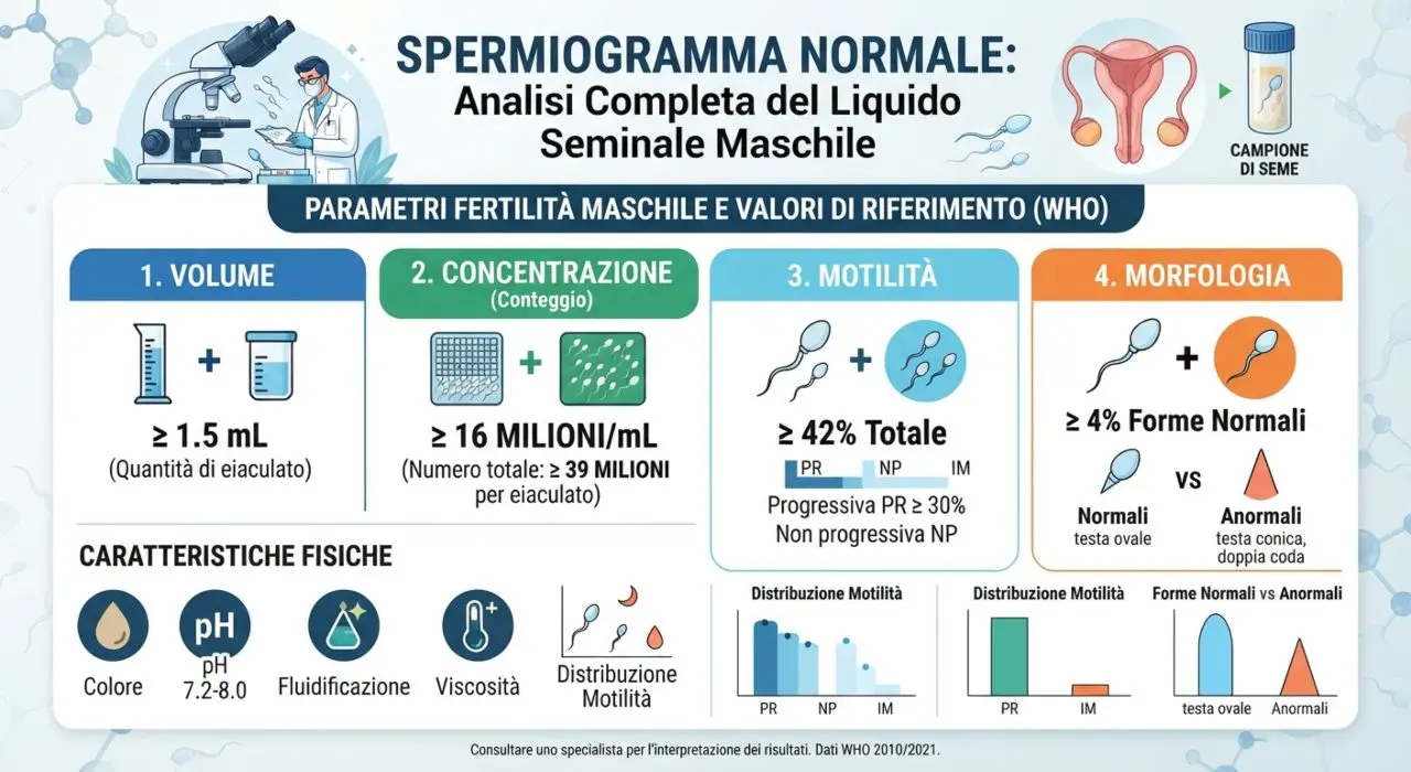 Infografica tecnica dei parametri dello spermiogramma e valori di riferimento OMS per la fertilità maschile