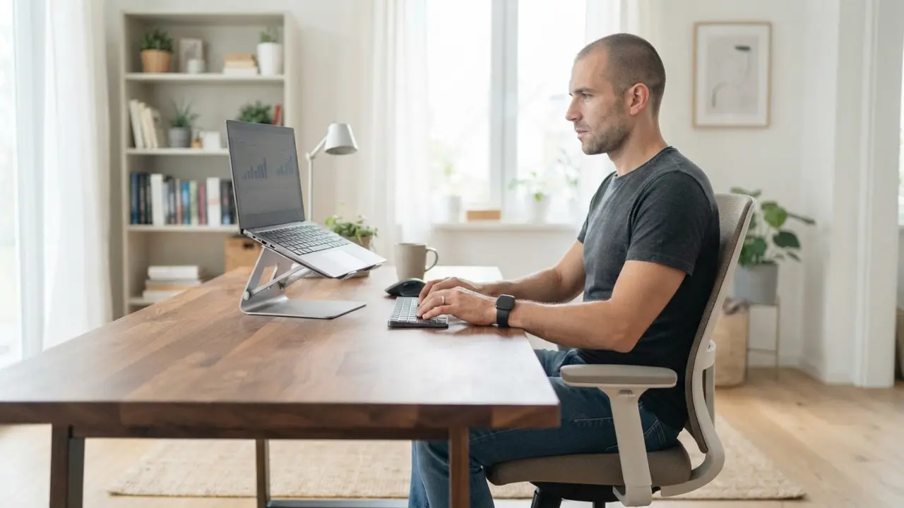 Uomo che lavora correttamente al computer su una scrivania in legno con sedia ergonomica e supporto per laptop