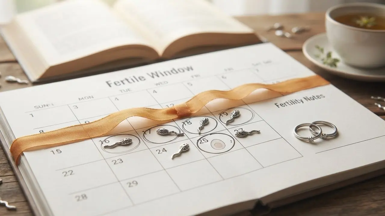Calendario aperto su una scrivania in legno con un nastro colorato e fedi nuziali, ideale per illustrare i rapporti nei giorni fertili.