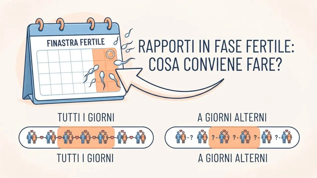 Illustrazione stilizzata del ciclo mestruale con la finestra fertile evidenziata, per mostrare il periodo ideale per avere rapporti finalizzati al concepimento.