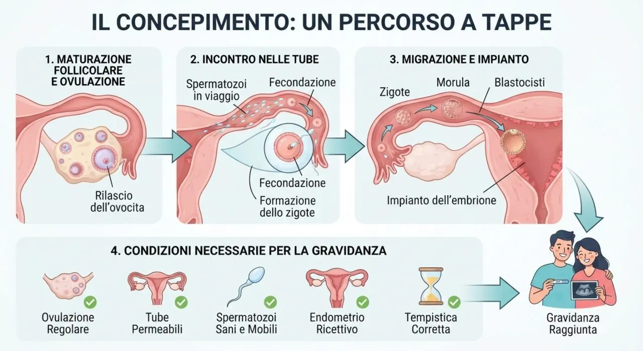 Schema a tappe del concepimento e condizioni necessarie per la gravidanza inclusi ovulazione regolare e tube permeabili