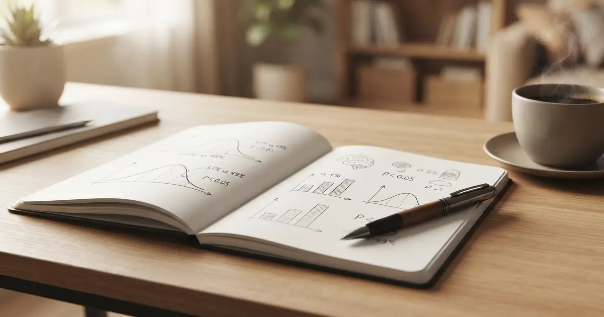Dettaglio di una scrivania in legno con un'agenda aperta contenente schizzi di grafici statistici e percentuali, affiancata da una tazza di caffè, in un'atmosfera professionale e luminosa