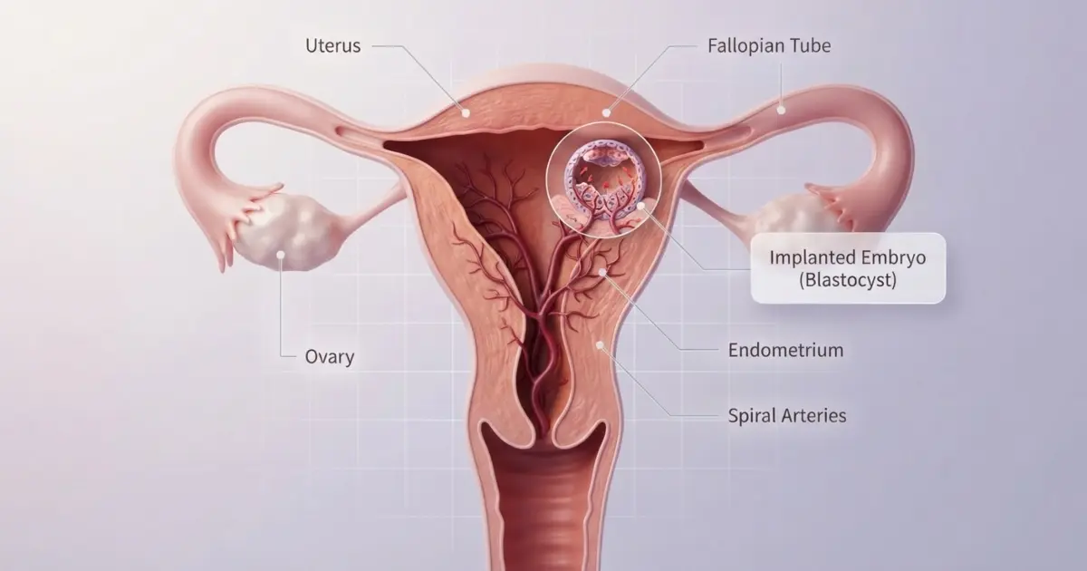 Illustrazione medica 3D dell'apparato genitale femminile che mostra l'utero, le tube e il dettaglio dell'impianto dell'embrione nella mucosa uterina.