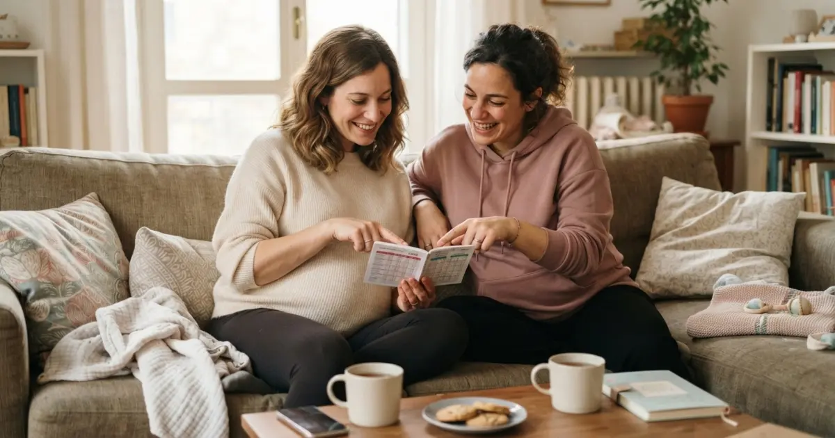 Due amiche incinte sedute sul divano consultano e indicano con il dito una tabella del calendario cinese 2026 per prevedere il sesso del nascituro.
