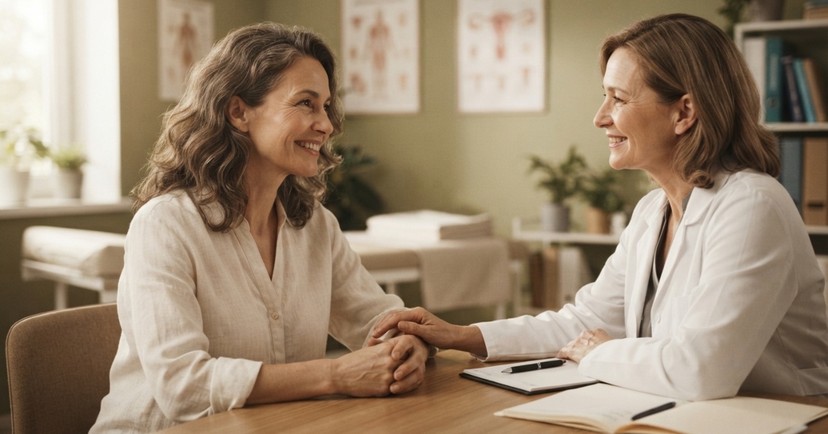 Donna matura sorridente e serena durante una consulenza medica ed empatica con una ginecologa, in uno studio medico accogliente.