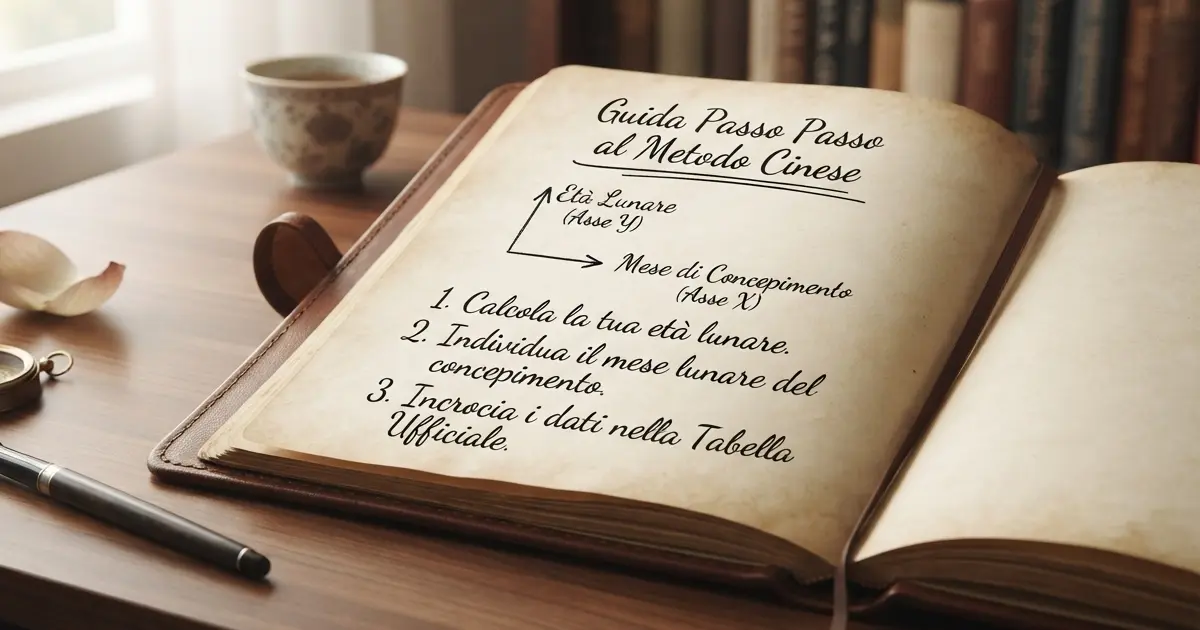 Dettaglio di un antico diario in pelle aperto su una scrivania di legno, che mostra una guida scritta a mano in italiano sul "Metodo Cinese" per il calcolo del sesso, con i passaggi numerati e un piccolo diagramma degli assi X/Y