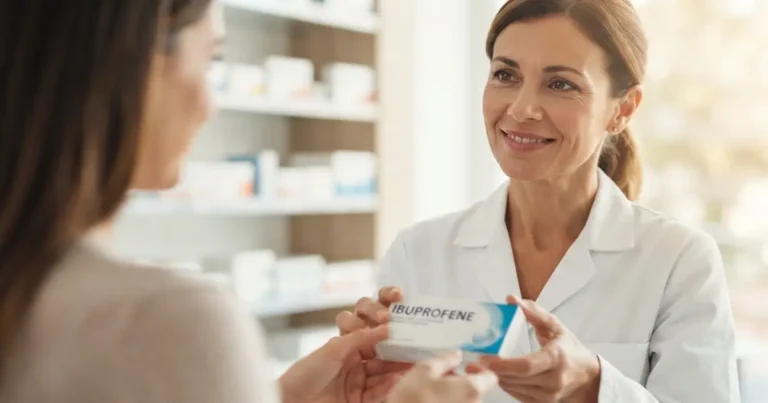 Una farmacista consegna una scatola di ibuprofene a una cliente, per approfondire gli effetti dei farmaci antinfiammatori sulla fertilità e l'ovulazione femminile.