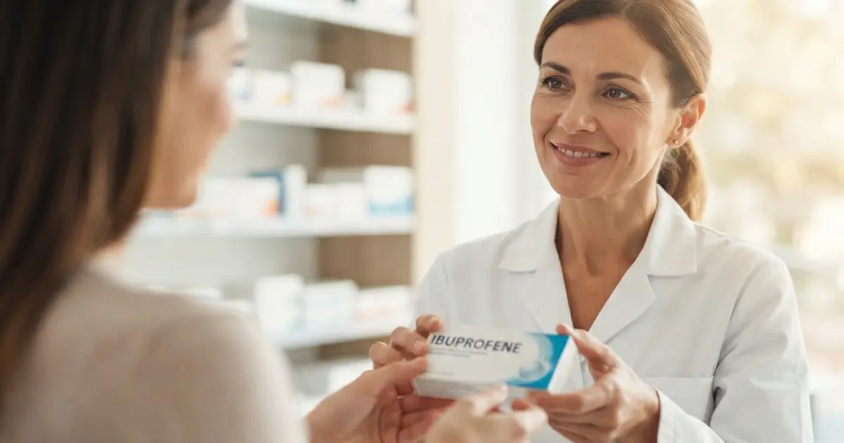 Una farmacista consegna una scatola di ibuprofene a una cliente, per approfondire gli effetti dei farmaci antinfiammatori sulla fertilità e l'ovulazione femminile.