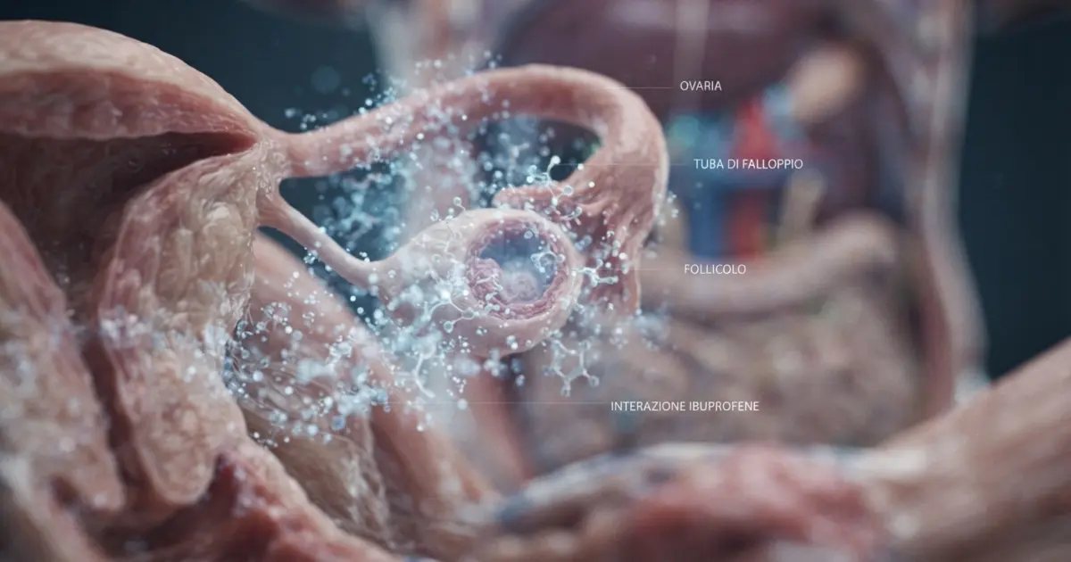 Rendering medico in 3D che mostra l'anatomia dell'ovaio e della tuba di Falloppio con molecole di ibuprofene che interagiscono sul follicolo ovarico.