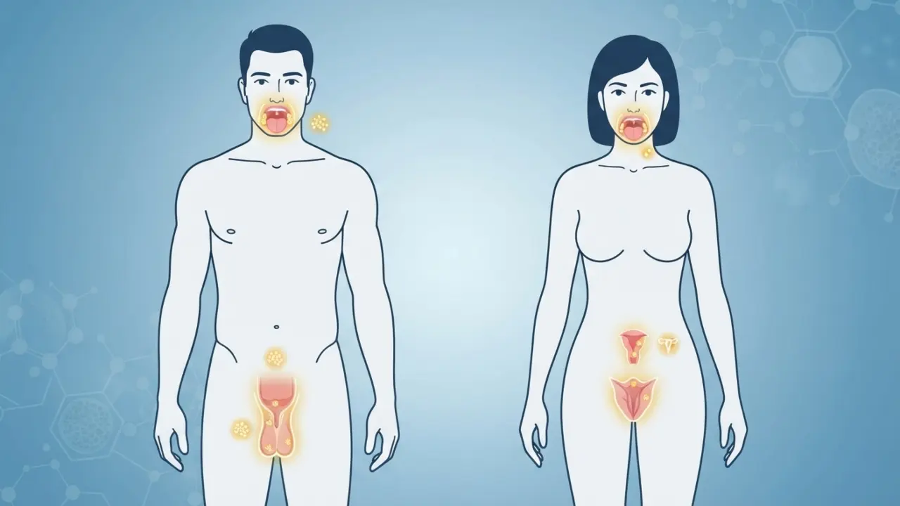 Infografica medica che illustra le diverse zone del corpo colpite dal Papillomavirus (HPV) nell'uomo e nella donna.