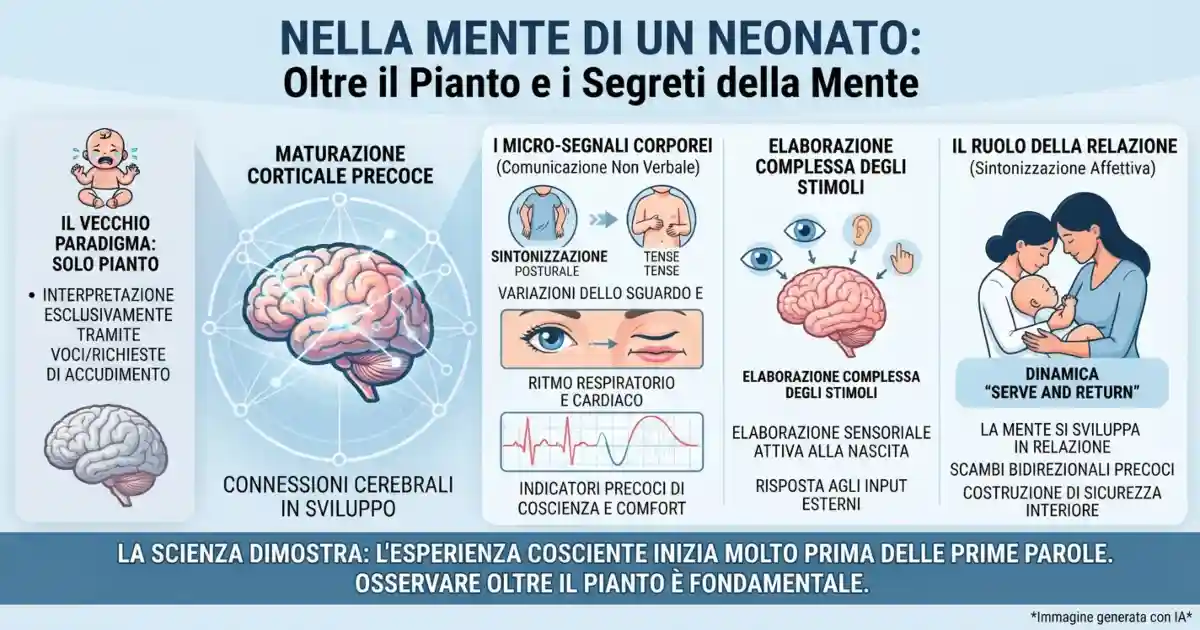 Infografica scientifica che illustra la coscienza neonatale, i micro-segnali corporei e lo sviluppo corticale.