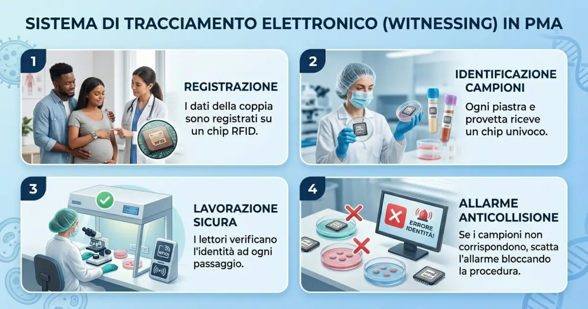 Infografica con foto reali che illustra le 4 fasi del tracciamento elettronico in PMA: registrazione coppia, identificazione campioni RFID, lavorazione al microscopio e allarme anticollisione