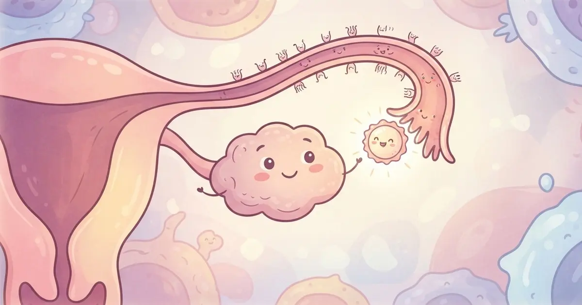 Grafica in stile cartoon del sistema riproduttivo femminile: un'ovaio sorridente rilascia un ovulo felice che entra nella tuba di Falloppio circondata da cellule stilizzate.