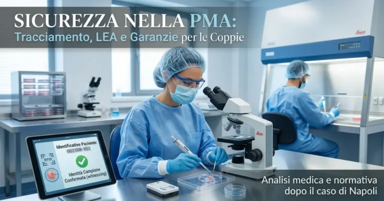 Biologa al lavoro in un laboratorio di PMA con microscopio e tablet per il tracciamento elettronico dei campioni