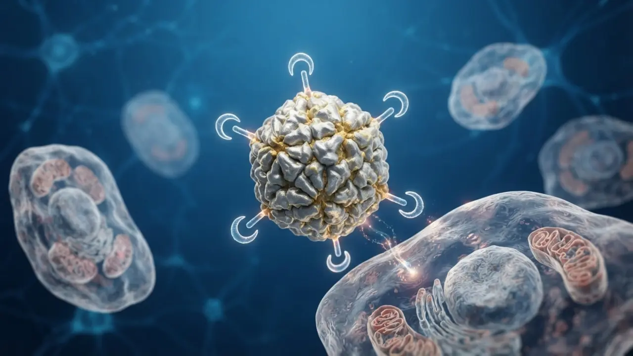 Illustrazione concettuale 3D della struttura del Papillomavirus (HPV) che interagisce con una cellula ospite umana.