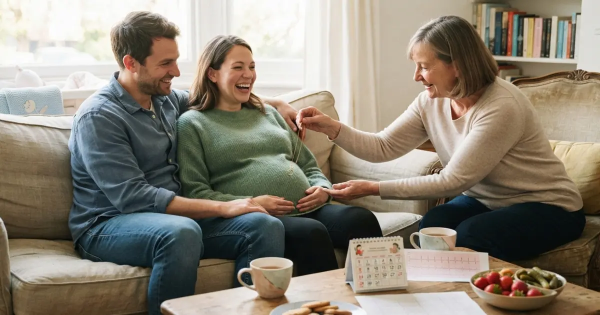 Momento di gioco in famiglia in un salotto: una donna anziana tiene un anello nuziale appeso a una catenina sopra il pancione di una donna incinta, seduta accanto al partner sorridente. Sul tavolino sono presenti oggetti scaramantici come un piccolo calendario cinese e un grafico dei battiti cardiaci