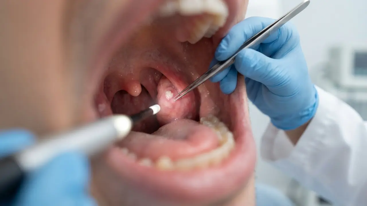Visita medica specialistica della cavità orale per la diagnosi di lesioni o papillomi alla gola e alle tonsille legati all'HPV.